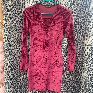 Long sleeve burgundy velvet minidress with lace up front by Popular Basics